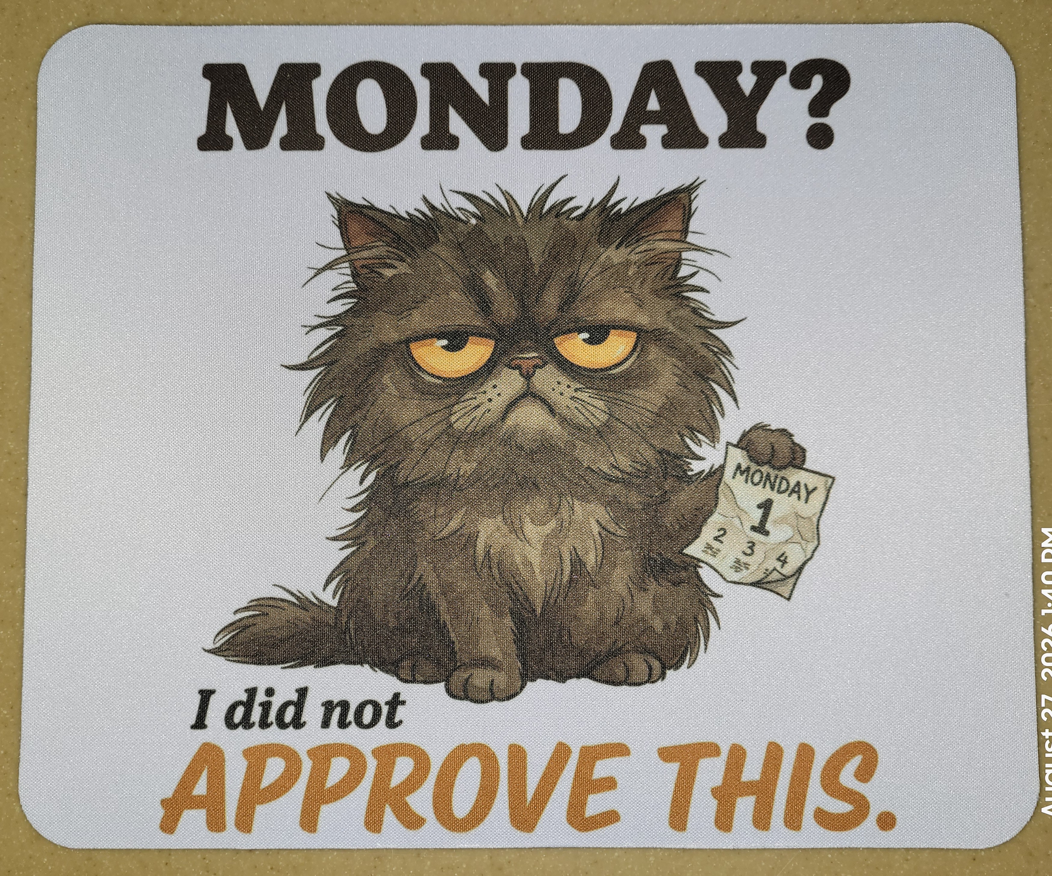 Humorous Monday mouse pad with a grumpy cat