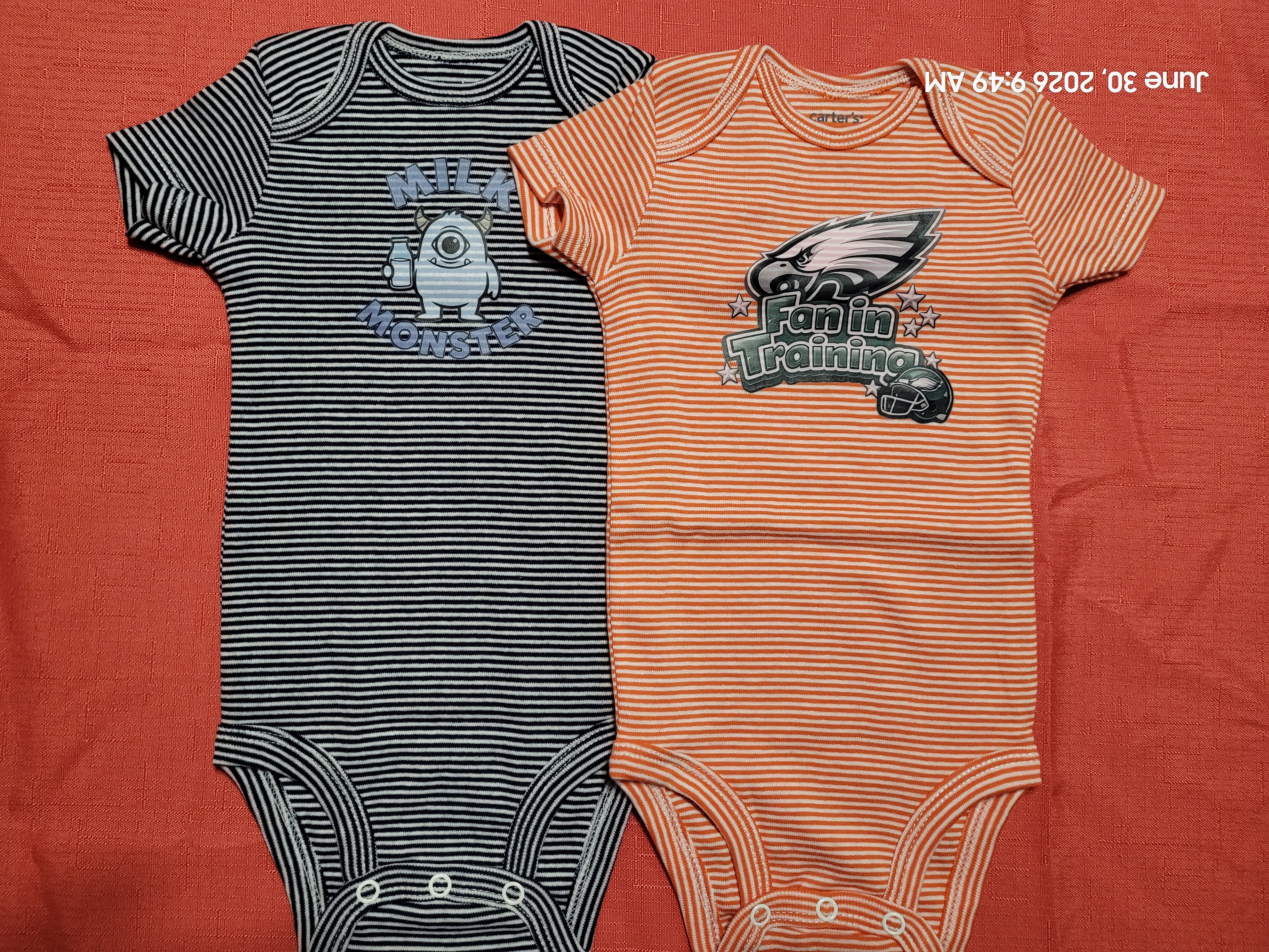Striped baby onesies with Milk Monster and football fan designs